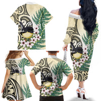 Endemic Tomtit New Zealand Family Matching Off The Shoulder Long Sleeve Dress and Hawaiian Shirt Miromiro Manuka Silver Fern Maori Pattern