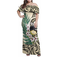 Endemic Tomtit New Zealand Family Matching Off Shoulder Maxi Dress and Hawaiian Shirt Miromiro Manuka Silver Fern Maori Pattern