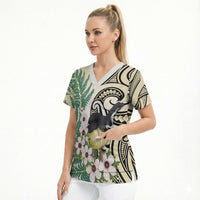Endemic Tomtit New Zealand Scrub Top Miromiro Manuka Silver Fern Maori Pattern LT14 - Polynesian Pride