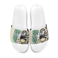 Endemic Tomtit New Zealand Slide Sandals Miromiro Manuka Silver Fern Maori Pattern LT14 Cream - Polynesian Pride