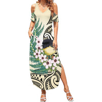 Endemic Tomtit New Zealand Summer Maxi Dress Miromiro Manuka Silver Fern Maori Pattern LT14 Women Cream - Polynesian Pride
