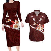 Oxblood Polynesia Couples Matching Long Sleeve Bodycon Dress and Hawaiian Shirt Tribal Pattern Tropical Frangipani LT14 Oxblood - Polynesian Pride