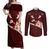 Oxblood Polynesia Couples Matching Off Shoulder Maxi Dress and Long Sleeve Button Shirt Tribal Pattern Tropical Frangipani LT14 Oxblood - Polynesian Pride