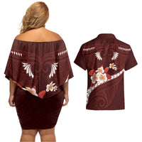 Oxblood Polynesia Couples Matching Off Shoulder Short Dress and Hawaiian Shirt Tribal Pattern Tropical Frangipani LT14 - Polynesian Pride