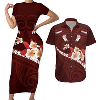 Oxblood Polynesia Couples Matching Short Sleeve Bodycon Dress and Hawaiian Shirt Tribal Pattern Tropical Frangipani LT14 Oxblood - Polynesian Pride