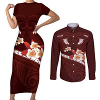 Oxblood Polynesia Couples Matching Short Sleeve Bodycon Dress and Long Sleeve Button Shirt Tribal Pattern Tropical Frangipani LT14 Oxblood - Polynesian Pride
