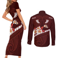 Oxblood Polynesia Couples Matching Short Sleeve Bodycon Dress and Long Sleeve Button Shirt Tribal Pattern Tropical Frangipani LT14 - Polynesian Pride