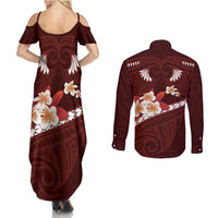 Oxblood Polynesia Couples Matching Summer Maxi Dress and Long Sleeve Button Shirt Tribal Pattern Tropical Frangipani LT14 - Polynesian Pride