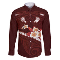 Oxblood Polynesia Family Matching Off Shoulder Maxi Dress and Hawaiian Shirt Tribal Pattern Tropical Frangipani LT14 Dad's Shirt - Long Sleeve Oxblood - Polynesian Pride