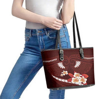 Oxblood Polynesia Leather Tote Bag Tribal Pattern Tropical Frangipani LT14 - Polynesian Pride