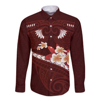 Oxblood Polynesia Long Sleeve Button Shirt Tribal Pattern Tropical Frangipani