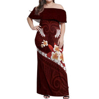 Oxblood Polynesia Off Shoulder Maxi Dress Tribal Pattern Tropical Frangipani LT14 Women Oxblood - Polynesian Pride