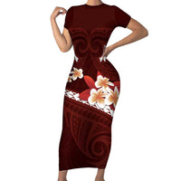 Oxblood Polynesia Short Sleeve Bodycon Dress Tribal Pattern Tropical Frangipani
