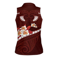 Oxblood Polynesia Women Sleeveless Polo Shirt Tribal Pattern Tropical Frangipani