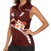 Oxblood Polynesia Women Sleeveless Polo Shirt Tribal Pattern Tropical Frangipani