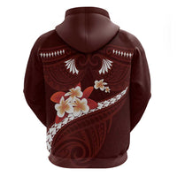 Oxblood Polynesia Zip Hoodie Tribal Pattern Tropical Frangipani