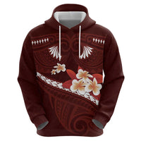Oxblood Polynesia Zip Hoodie Tribal Pattern Tropical Frangipani