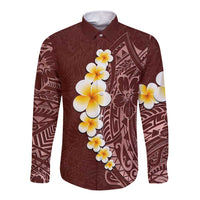 Oxblood Tropical Plumeria With Galaxy Polynesian Art Long Sleeve Button Shirt
