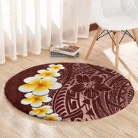 Oxblood Tropical Plumeria With Galaxy Polynesian Art Round Carpet