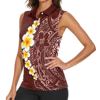 Oxblood Tropical Plumeria With Galaxy Polynesian Art Women Sleeveless Polo Shirt