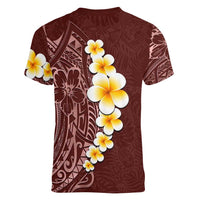 Oxblood Tropical Plumeria With Galaxy Polynesian Art Women V-Neck T-Shirt