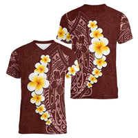 Oxblood Tropical Plumeria With Galaxy Polynesian Art Women V-Neck T-Shirt