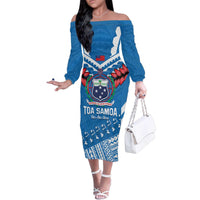 Custom Toa Samoa Rugby Family Matching Off The Shoulder Long Sleeve Dress and Hawaiian Shirt Samoan Siva Tau Uso Aso Uma