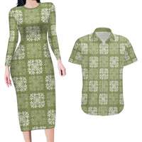 Vesuvian Green Palaka Quilt Hawaii Couples Matching Long Sleeve Bodycon Dress and Hawaiian Shirt Traditional Hawaii-plaid Pattern - Polynesian Pride