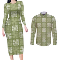 Vesuvian Green Palaka Quilt Hawaii Couples Matching Long Sleeve Bodycon Dress and Long Sleeve Button Shirt Traditional Hawaii-plaid Pattern - Polynesian Pride