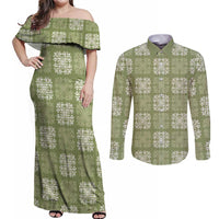 Vesuvian Green Palaka Quilt Hawaii Couples Matching Off Shoulder Maxi Dress and Long Sleeve Button Shirt Traditional Hawaii-plaid Pattern LT14 Vesuvian Green - Polynesian Pride