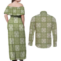 Vesuvian Green Palaka Quilt Hawaii Couples Matching Off Shoulder Maxi Dress and Long Sleeve Button Shirt Traditional Hawaii-plaid Pattern LT14 - Polynesian Pride