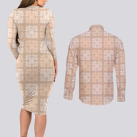 Beige Palaka Quilt Hawaii Couples Matching Long Sleeve Bodycon Dress and Long Sleeve Button Shirt Traditional Hawaii-plaid Pattern - Polynesian Pride