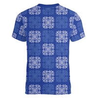 Royal Blue Palaka Quilt Hawaii Women V-Neck T-Shirt Traditional Hawaii-plaid Pattern - Polynesian Pride