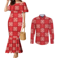 Red Palaka Quilt Hawaii Couples Matching Mermaid Dress and Long Sleeve Button Shirt Traditional Hawaii-plaid Pattern - Polynesian Pride