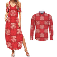 Red Palaka Quilt Hawaii Couples Matching Summer Maxi Dress and Long Sleeve Button Shirt Traditional Hawaii-plaid Pattern - Polynesian Pride