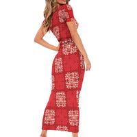 Red Palaka Quilt Hawaii Short Sleeve Bodycon Dress Traditional Hawaii-plaid Pattern - Polynesian Pride
