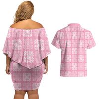 Pink Palaka Quilt Hawaii Couples Matching Off Shoulder Short Dress and Hawaiian Shirt Traditional Hawaii-plaid Pattern - Polynesian Pride