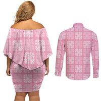 Pink Palaka Quilt Hawaii Couples Matching Off Shoulder Short Dress and Long Sleeve Button Shirt Traditional Hawaii-plaid Pattern - Polynesian Pride