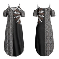 Mabuhay Philippines Festival Family Matching Summer Maxi Dress and Hawaiian Shirt Araw Tnalak Modern Filipiniana Inspired LT14 Mom's Dress Black - Polynesian Pride