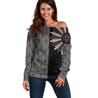 Mabuhay Philippines Festival Off Shoulder Sweater Araw Tnalak Modern Filipiniana Inspired LT14 Women Black - Polynesian Pride