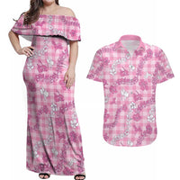 Alaka Aloha Hawaii Couples Matching Off Shoulder Maxi Dress and Hawaiian Shirt Plumeria Lei With Palaka Motif - Polynesian Pride