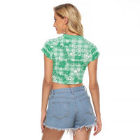 Omaomao Aloha Hawaii Raglan Cropped T Shirt Plumeria Lei With Palaka Motif - Polynesian Pride