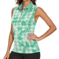 Omaomao Aloha Hawaii Women Sleeveless Polo Shirt Plumeria Lei With Palaka Motif - Polynesian Pride