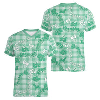 Omaomao Aloha Hawaii Women V-Neck T-Shirt Plumeria Lei With Palaka Motif - Polynesian Pride