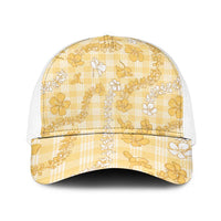 Melemele Aloha Hawaii Mesh Trucker Cap Plumeria Lei With Palaka Motif LT14 One Size White Yellow - Polynesian Pride
