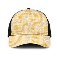 Melemele Aloha Hawaii Mesh Trucker Cap Plumeria Lei With Palaka Motif LT14 One Size Black Yellow - Polynesian Pride