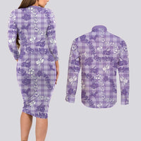 Poni Aloha Hawaii Couples Matching Long Sleeve Bodycon Dress and Long Sleeve Button Shirt Plumeria Lei With Palaka Motif - Polynesian Pride