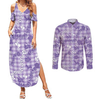 Poni Aloha Hawaii Couples Matching Summer Maxi Dress and Long Sleeve Button Shirt Plumeria Lei With Palaka Motif - Polynesian Pride