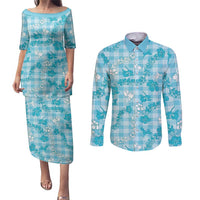 Polu Aloha Hawaii Couples Matching Puletasi and Long Sleeve Button Shirt Plumeria Lei With Palaka Motif - Polynesian Pride