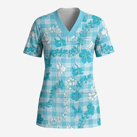 Polu Aloha Hawaii Scrub Top Plumeria Lei With Palaka Motif - Polynesian Pride